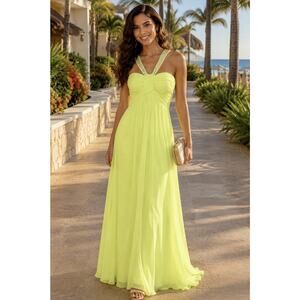 Vintage Triangle Neon Yellow Beaded Maxi Dress Womens Size M Backless Formal